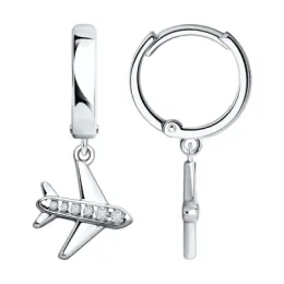 Серьги самолёт с фианитом из серебра